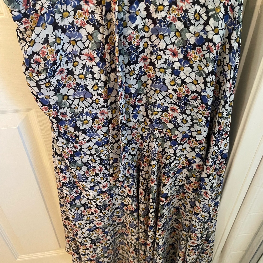 Veronica Beard Navy Floral Midi Dress with White, Blue, Yellow and Pink Flowers